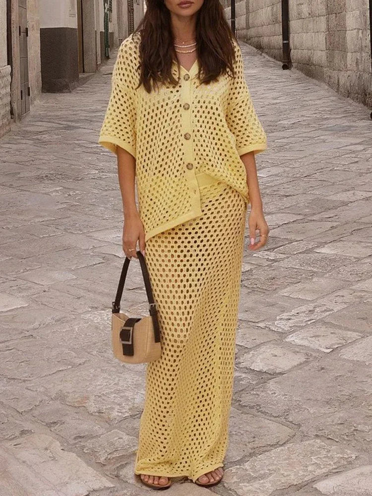 Mesh Knit Blouse & Skirt Set – Summer Beachwear Outfit