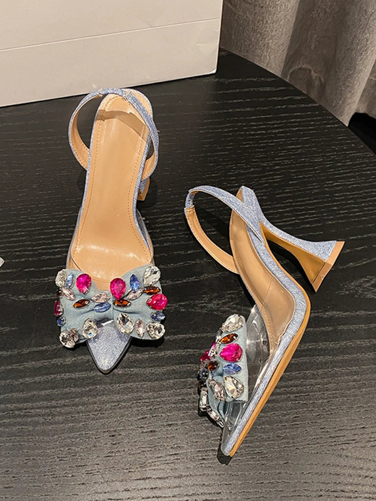 Liyke Gem Bow Denim Pointed Toe Transparent High Heels