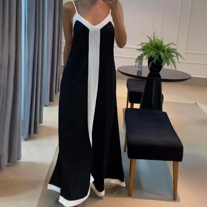 Summer V-Neck Contrast Maxi Dress – Black & White