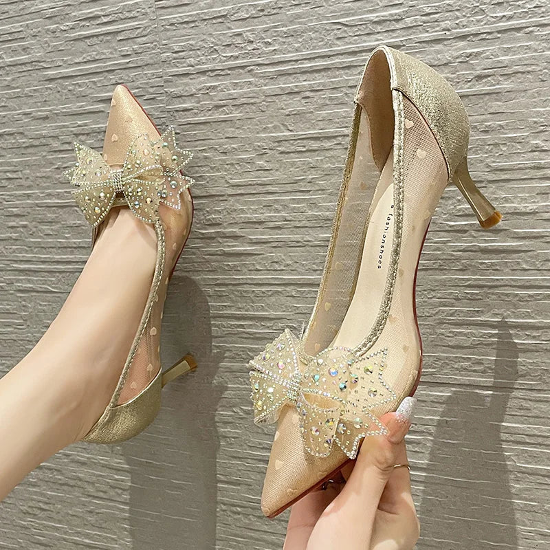 Summer Mesh Bow Knot Pointed Toe Slim Heels – French Style