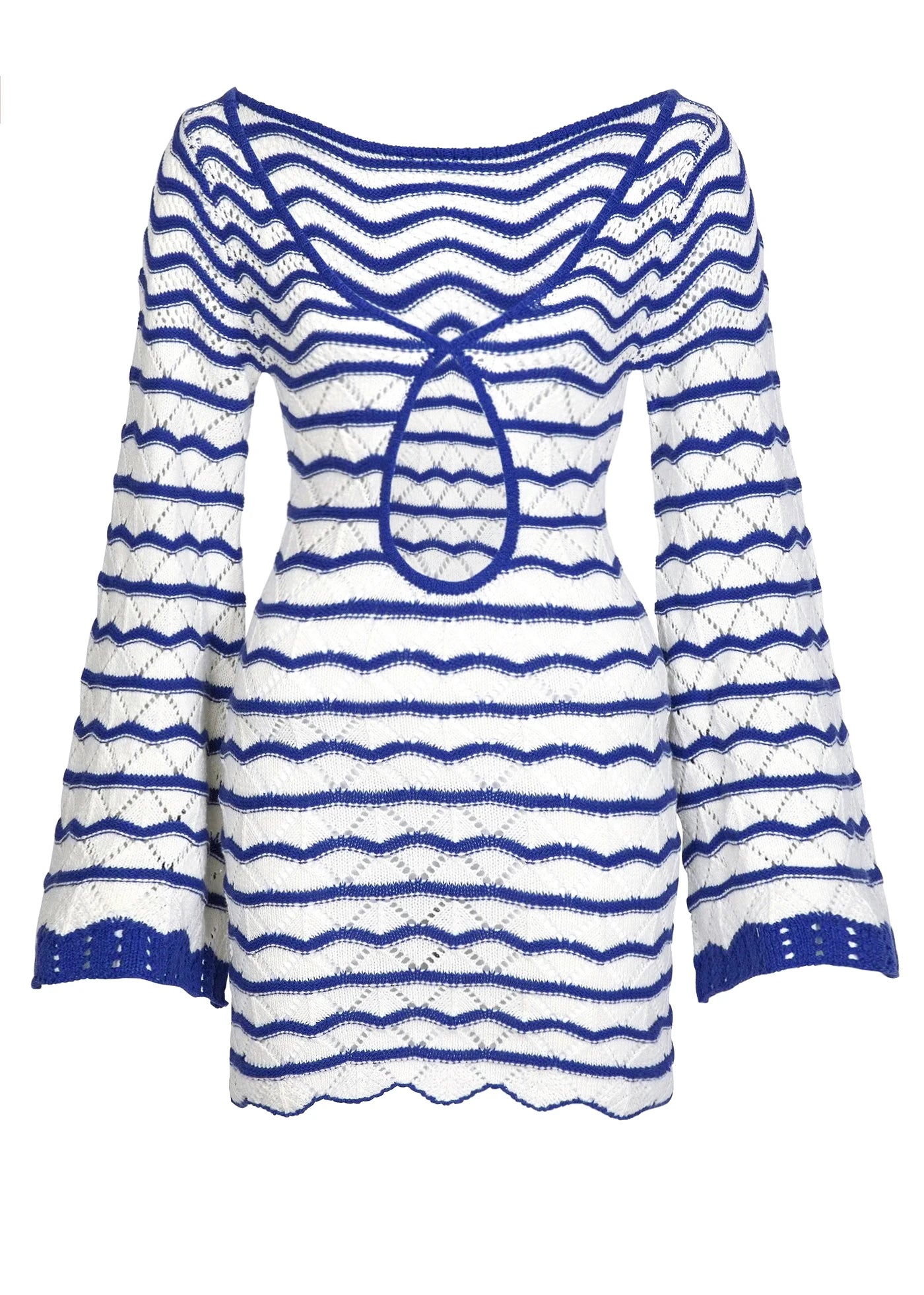 Boho Striped V-Neck Cut-Out Bell Sleeve Mini Dress – Summer Beach Cover-Up