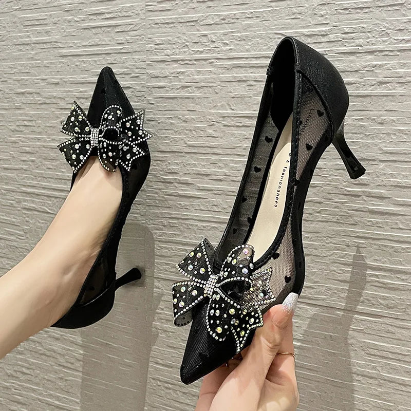 Summer Mesh Bow Knot Pointed Toe Slim Heels – French Style
