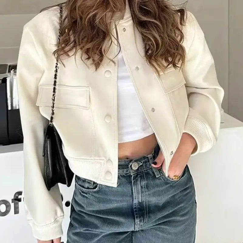 Women’s Cropped Bomber Jacket – White Button Baseball Style