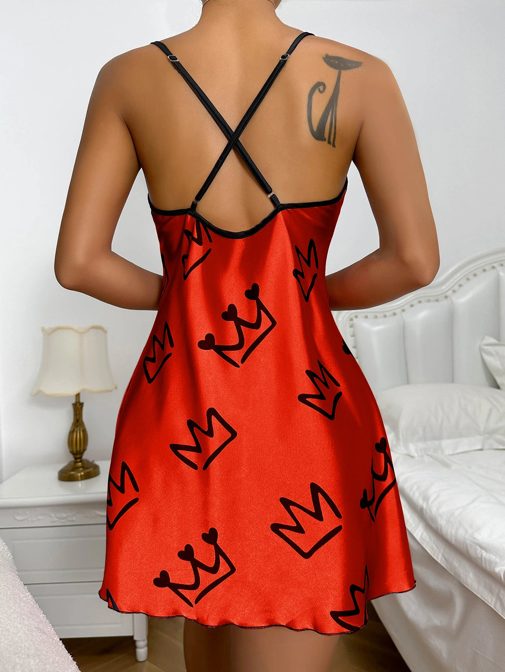 Heart Print Scoop Neck Crisscross Back NightdresS