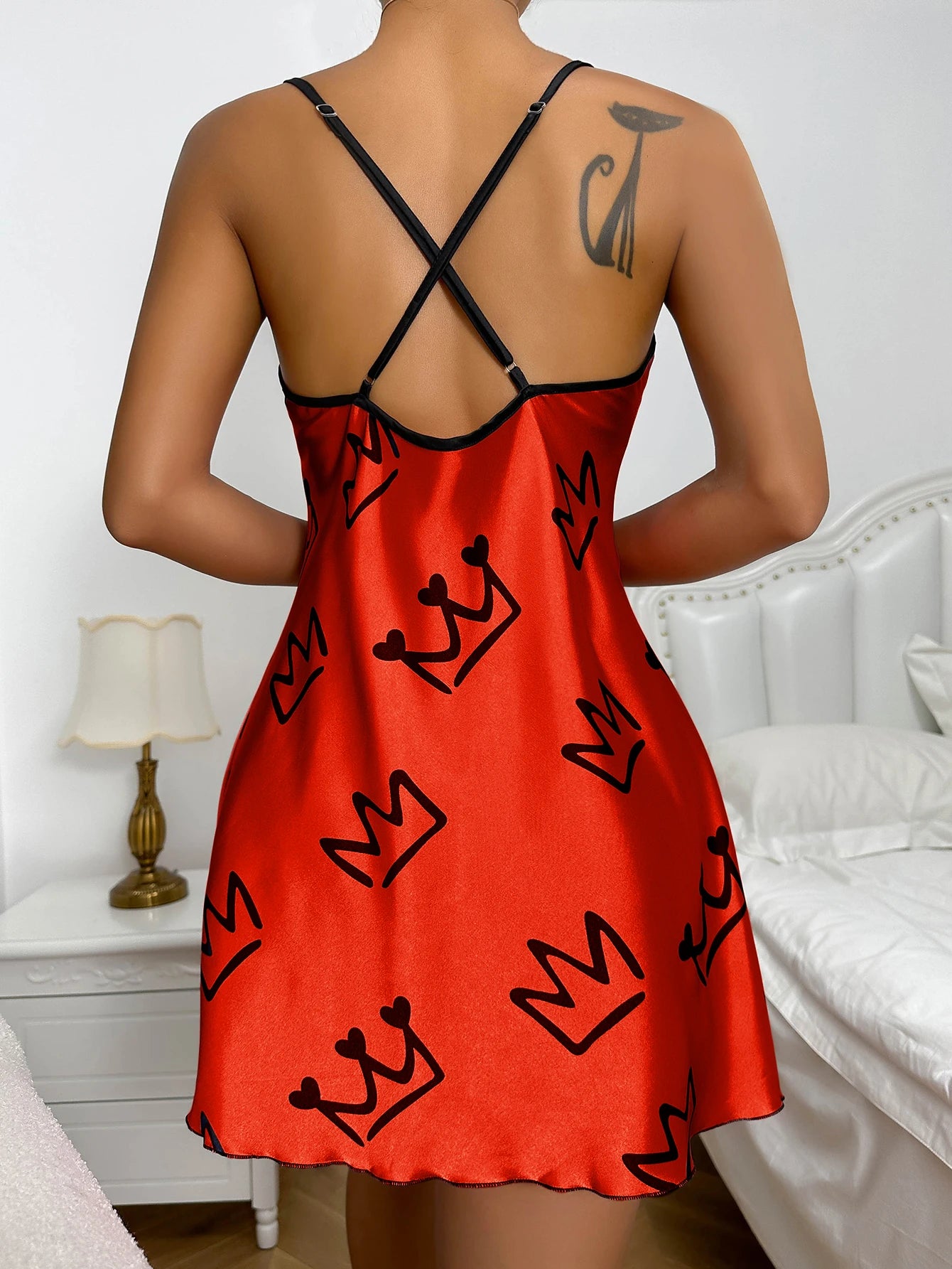Heart Print Scoop Neck Crisscross Back NightdresS