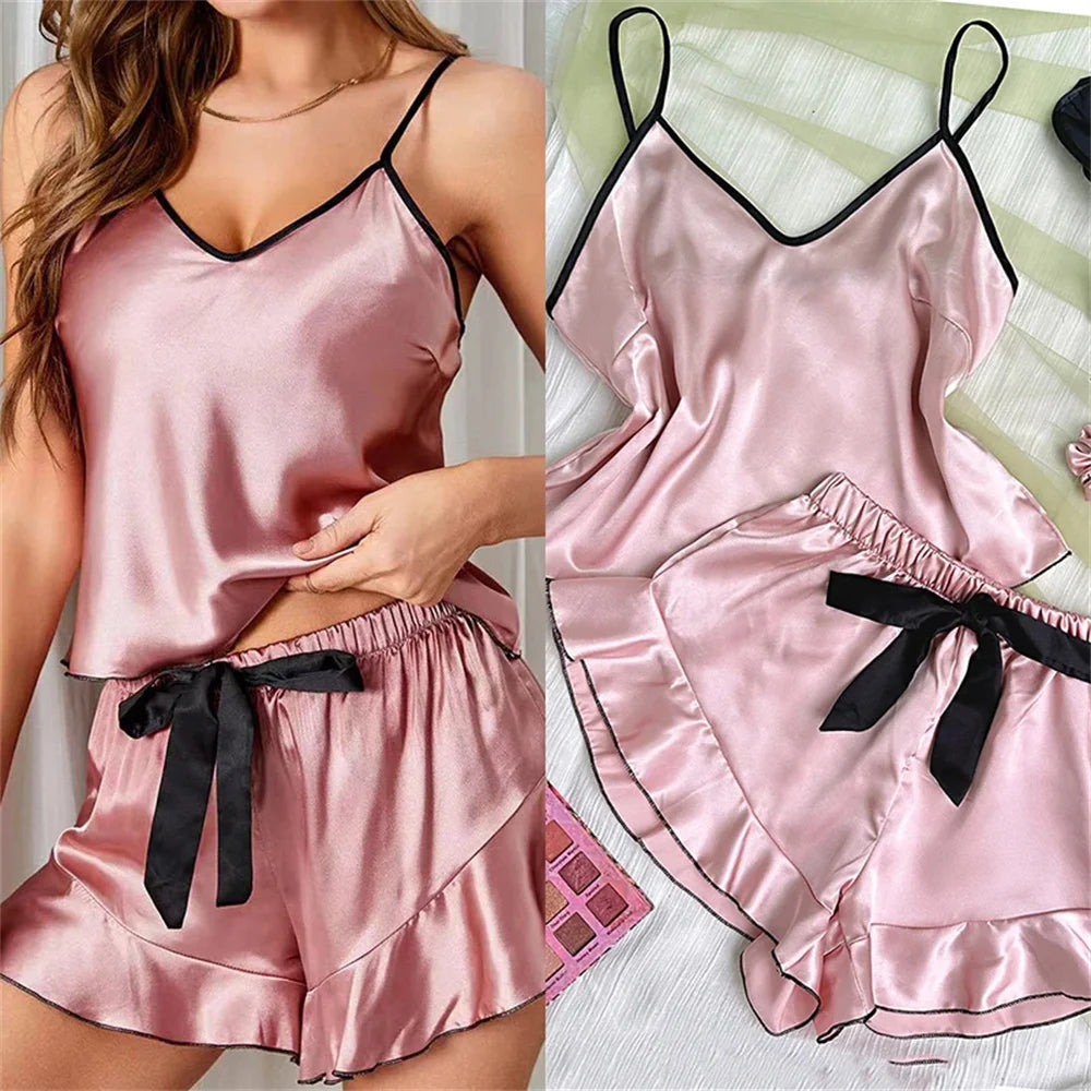 Satin V-Neck Pajama Set – Ruffled Top & Bow Shorts
