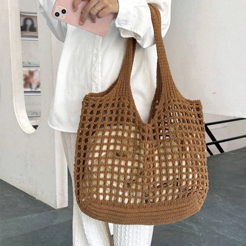 Boho Crochet Straw Tote