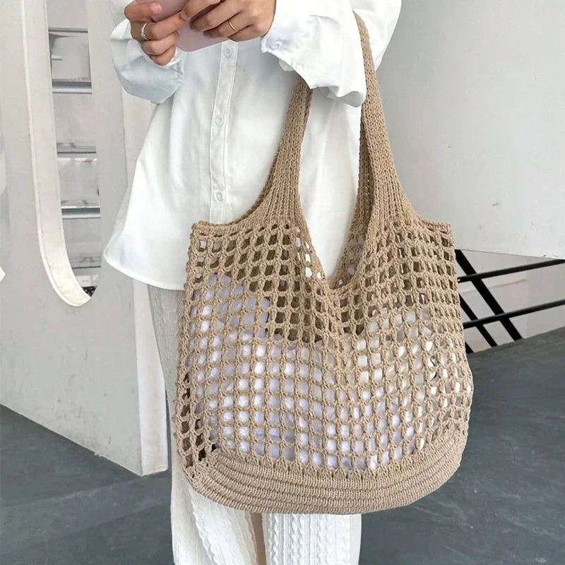 Boho Crochet Straw Tote