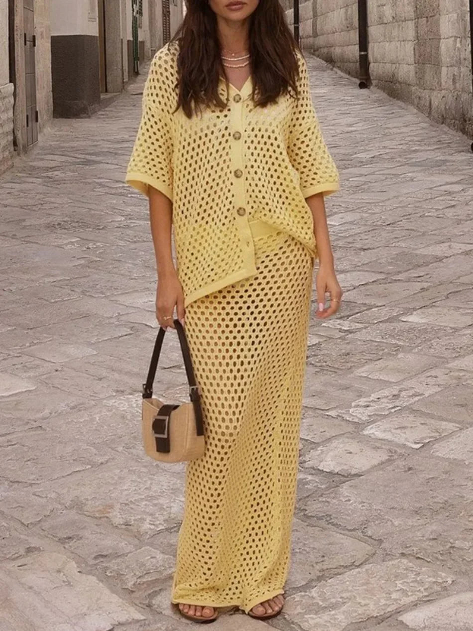 Mesh Knit Blouse & Skirt Set – Summer Beachwear Outfit