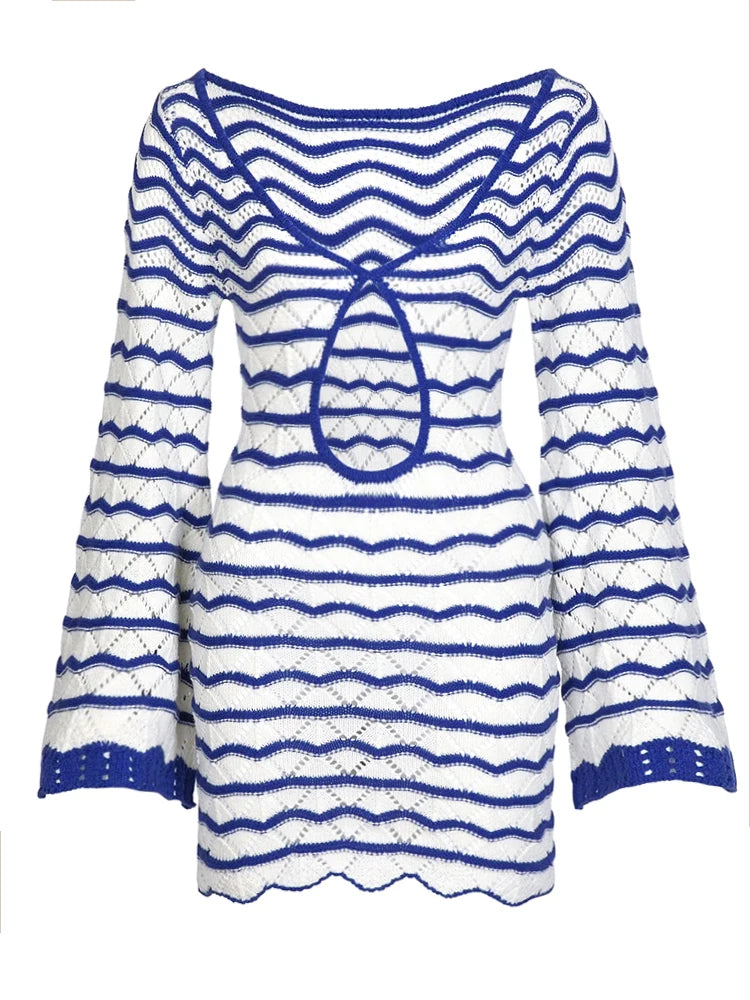 Boho Striped V-Neck Cut-Out Bell Sleeve Mini Dress – Summer Beach Cover-Up