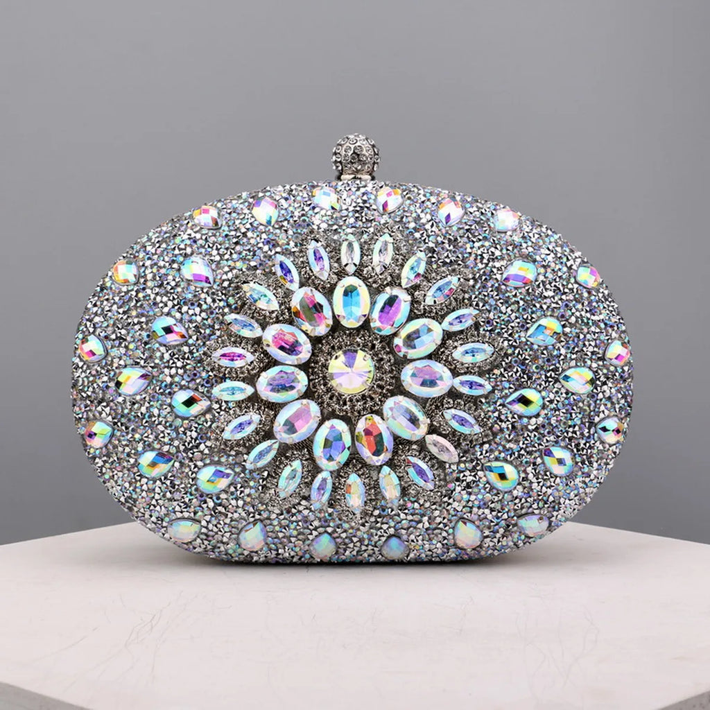 Sparkling Rhinestone Flower Clutch with Shoulder Chain