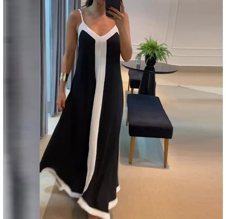 Summer V-Neck Contrast Maxi Dress – Black & White
