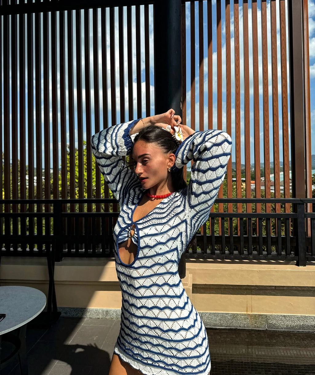 Boho Striped V-Neck Cut-Out Bell Sleeve Mini Dress – Summer Beach Cover-Up