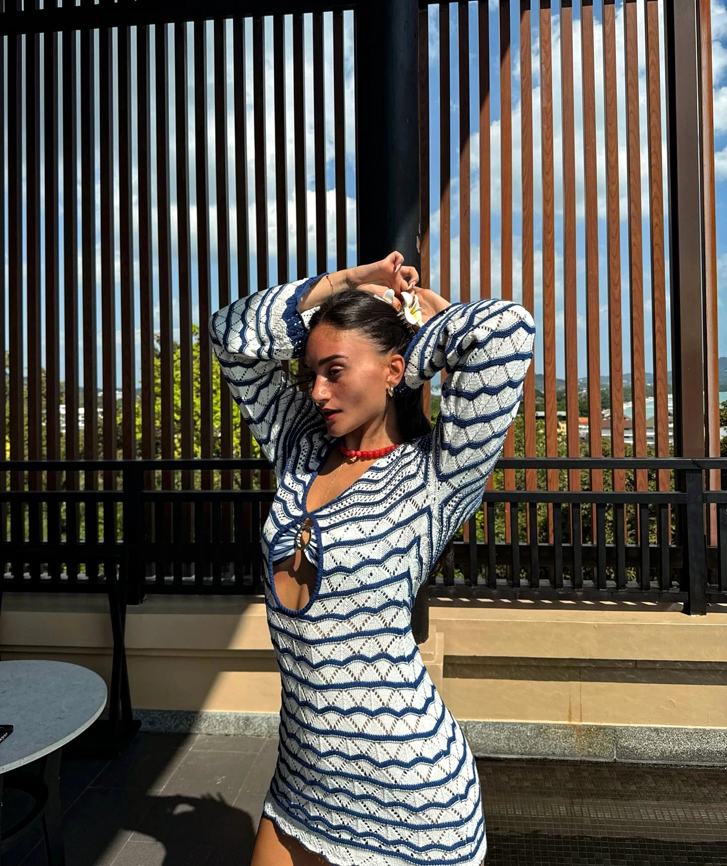 Boho Striped V-Neck Cut-Out Bell Sleeve Mini Dress – Summer Beach Cover-Up