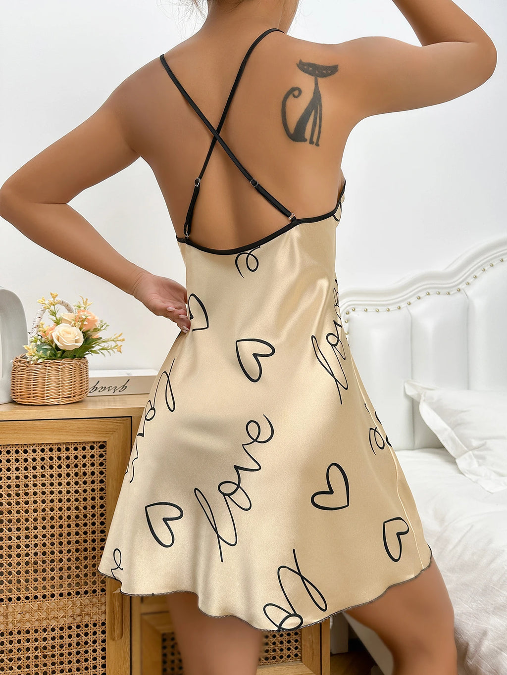 Heart Print Scoop Neck Crisscross Back NightdresS