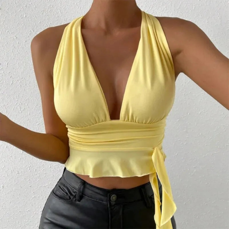 Women's Tight Fitting Deep V-Neck Pleated Top