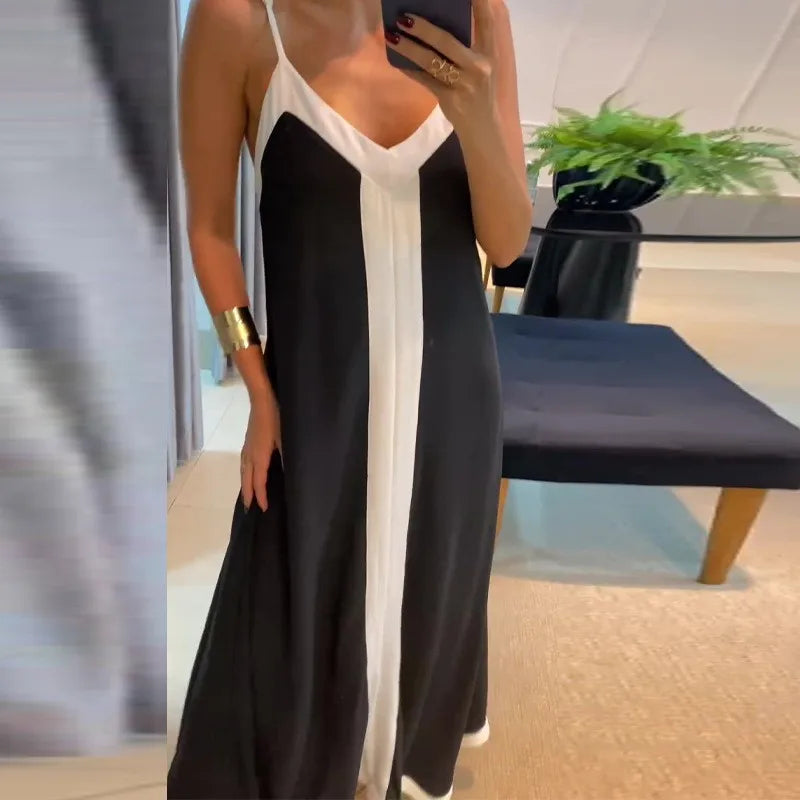 Summer V-Neck Contrast Maxi Dress – Black & White