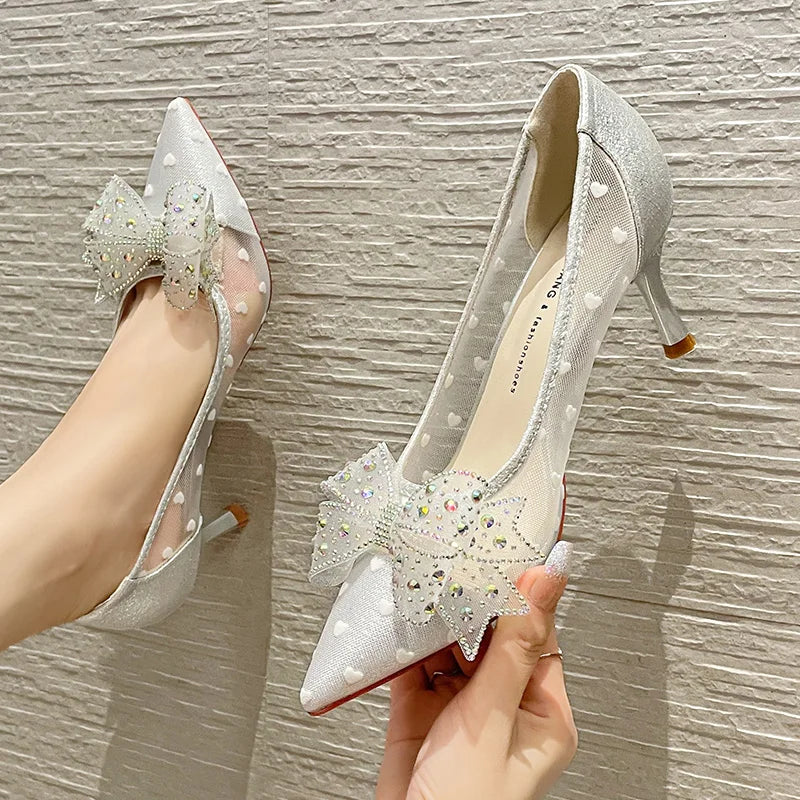 Summer Mesh Bow Knot Pointed Toe Slim Heels – French Style
