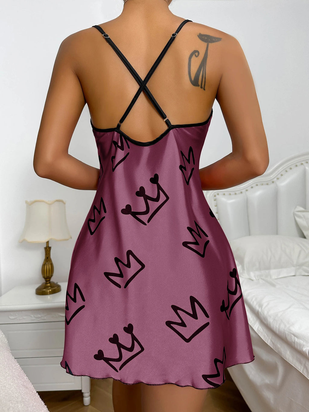 Heart Print Scoop Neck Crisscross Back NightdresS