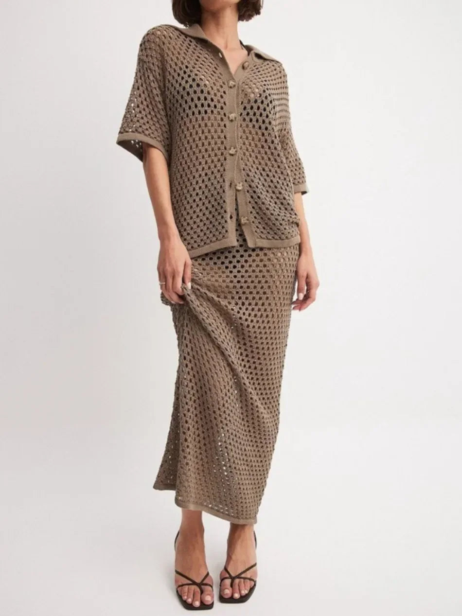 Mesh Knit Blouse & Skirt Set – Summer Beachwear Outfit