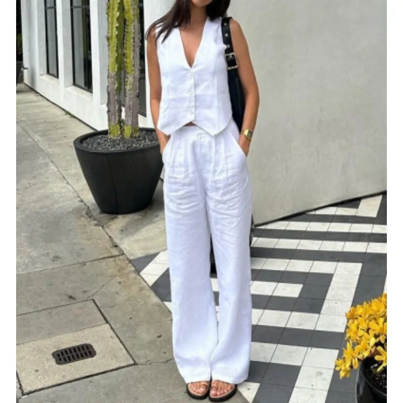 Solid Color Cardigan Vest & Pants Set – Casual Two-Piece Outfit