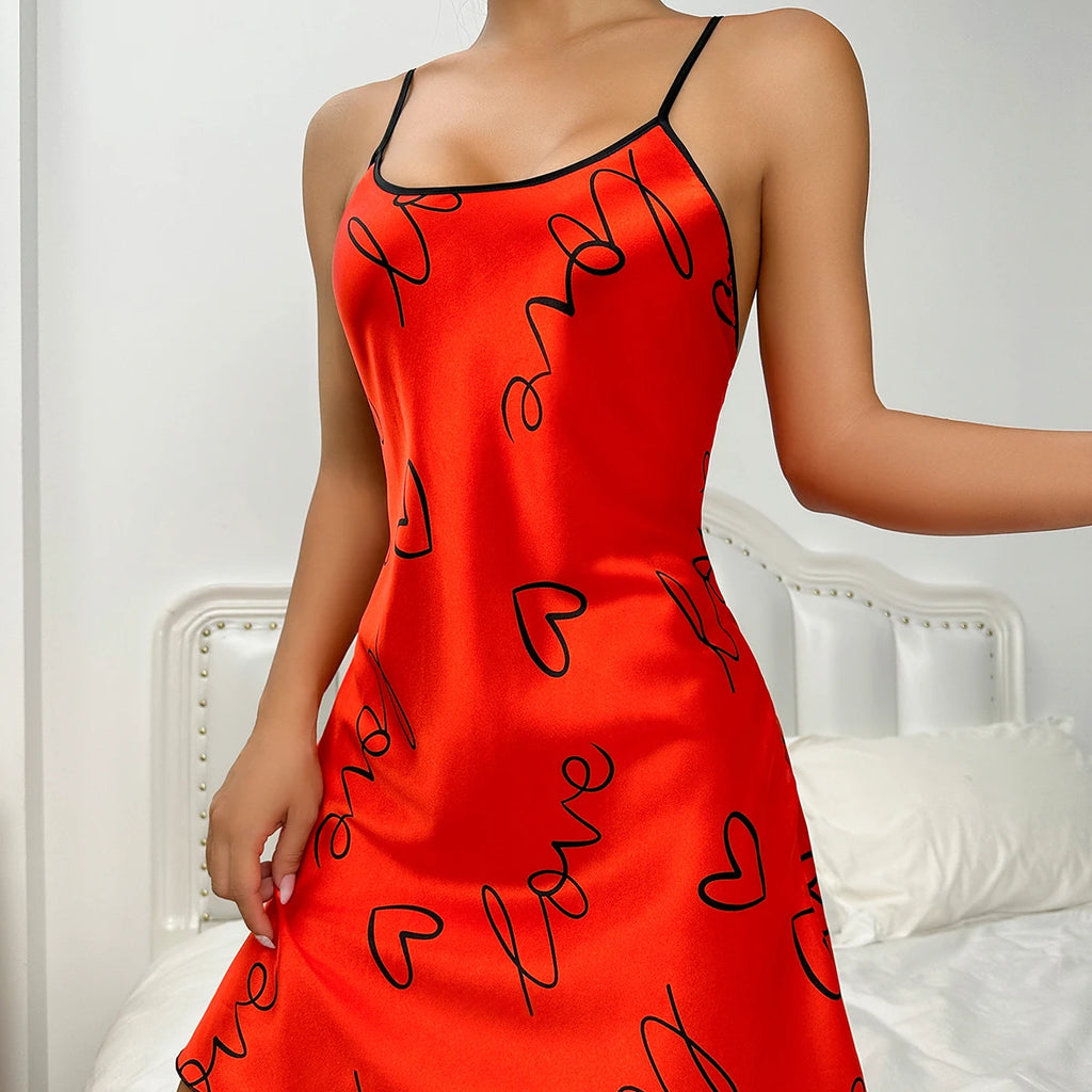 Heart Print Scoop Neck Crisscross Back NightdresS