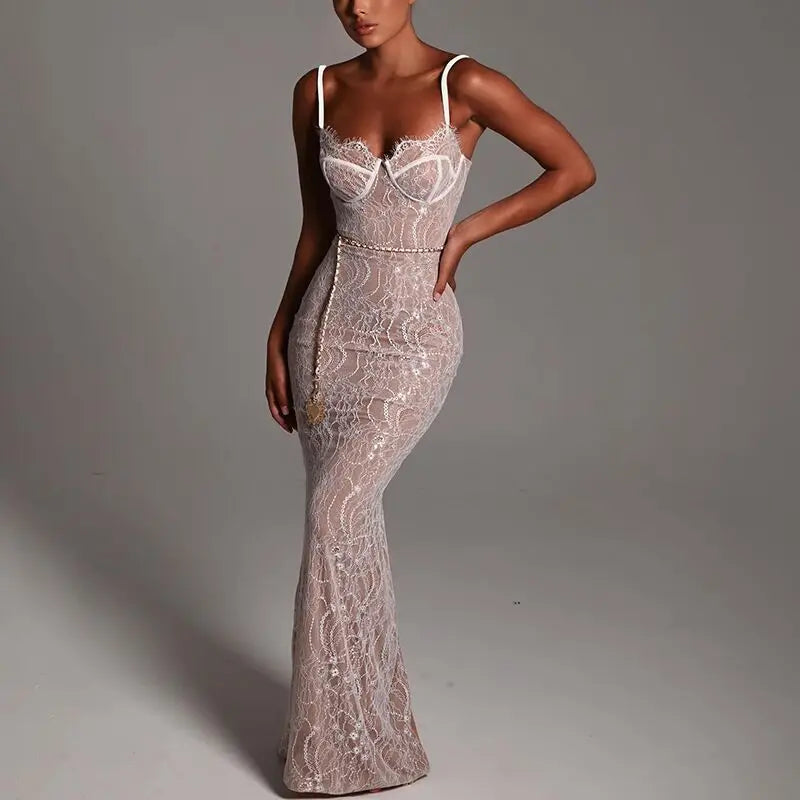 Lace Off-Shoulder Camisole Maxi Dress – Slim Fit Summer Style