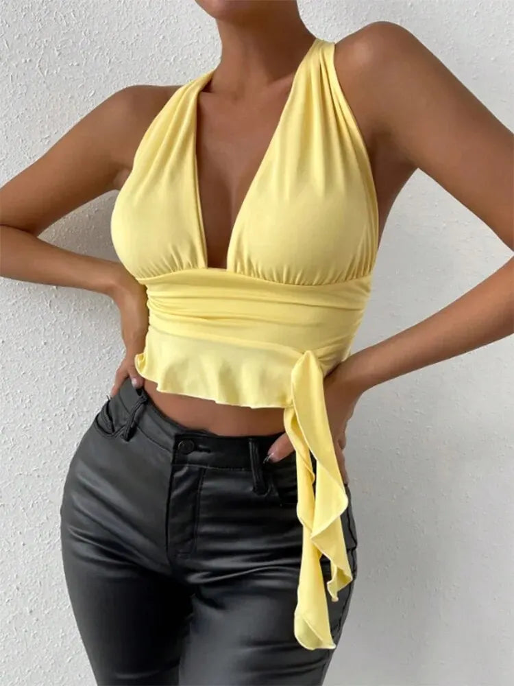 Women's Tight Fitting Deep V-Neck Pleated Top