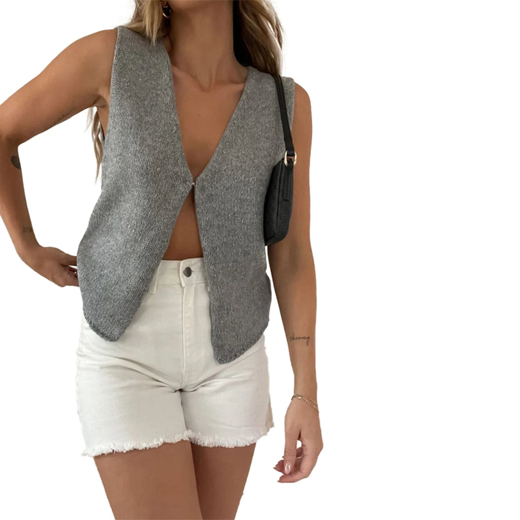 Women’s Y2K Crochet Knit Vest – Sleeveless V-Neck Open Front Crop Cardigan