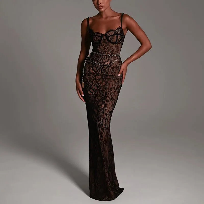 Lace Off-Shoulder Camisole Maxi Dress – Slim Fit Summer Style