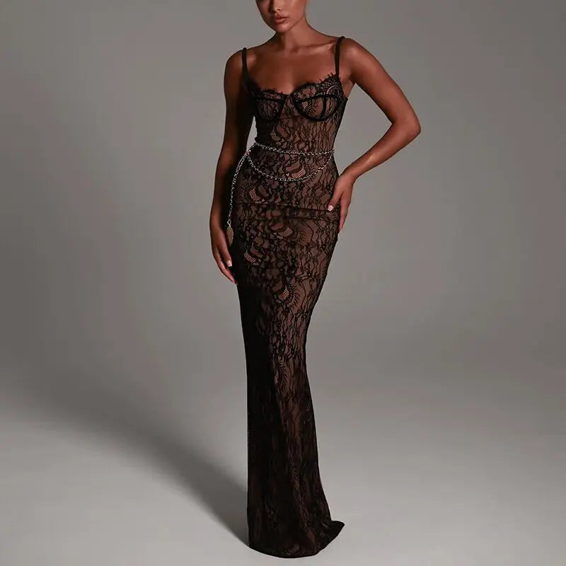 Lace Off-Shoulder Camisole Maxi Dress – Slim Fit Summer Style