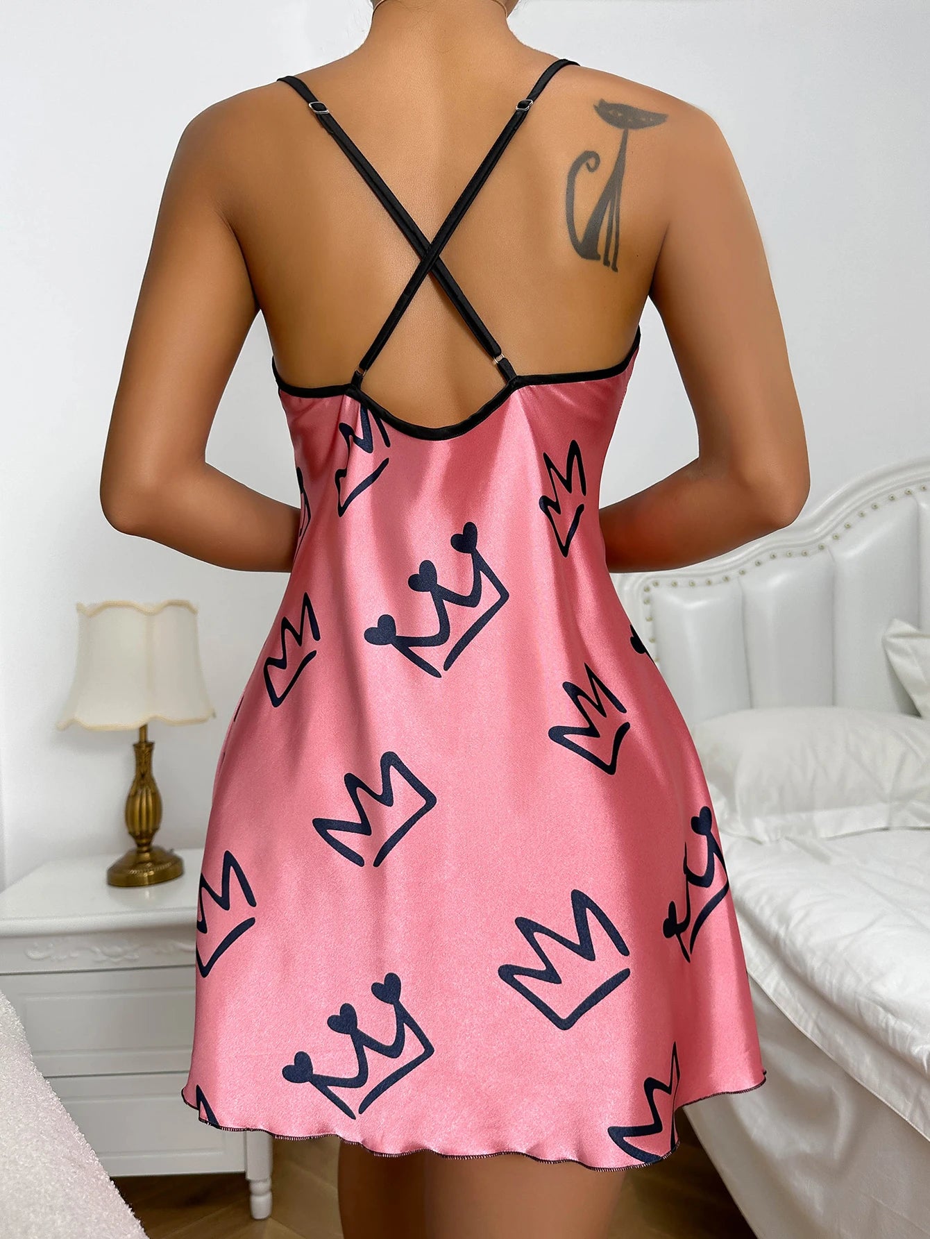 Heart Print Scoop Neck Crisscross Back NightdresS