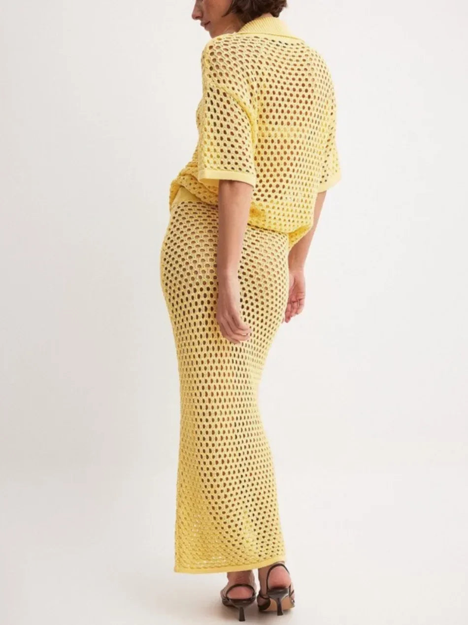 Mesh Knit Blouse & Skirt Set – Summer Beachwear Outfit