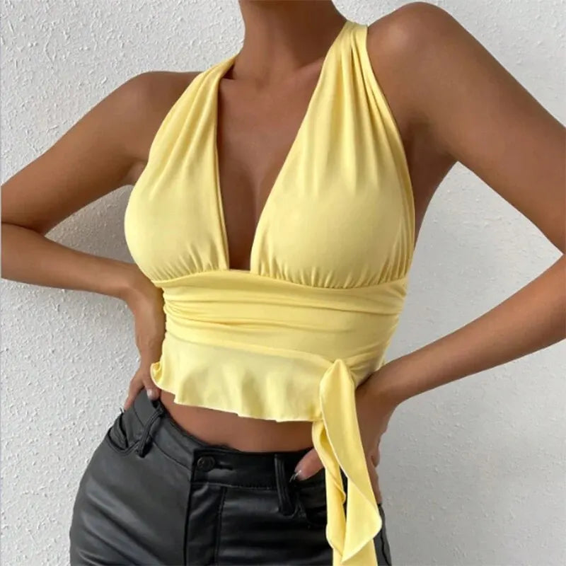Women's Tight Fitting Deep V-Neck Pleated Top