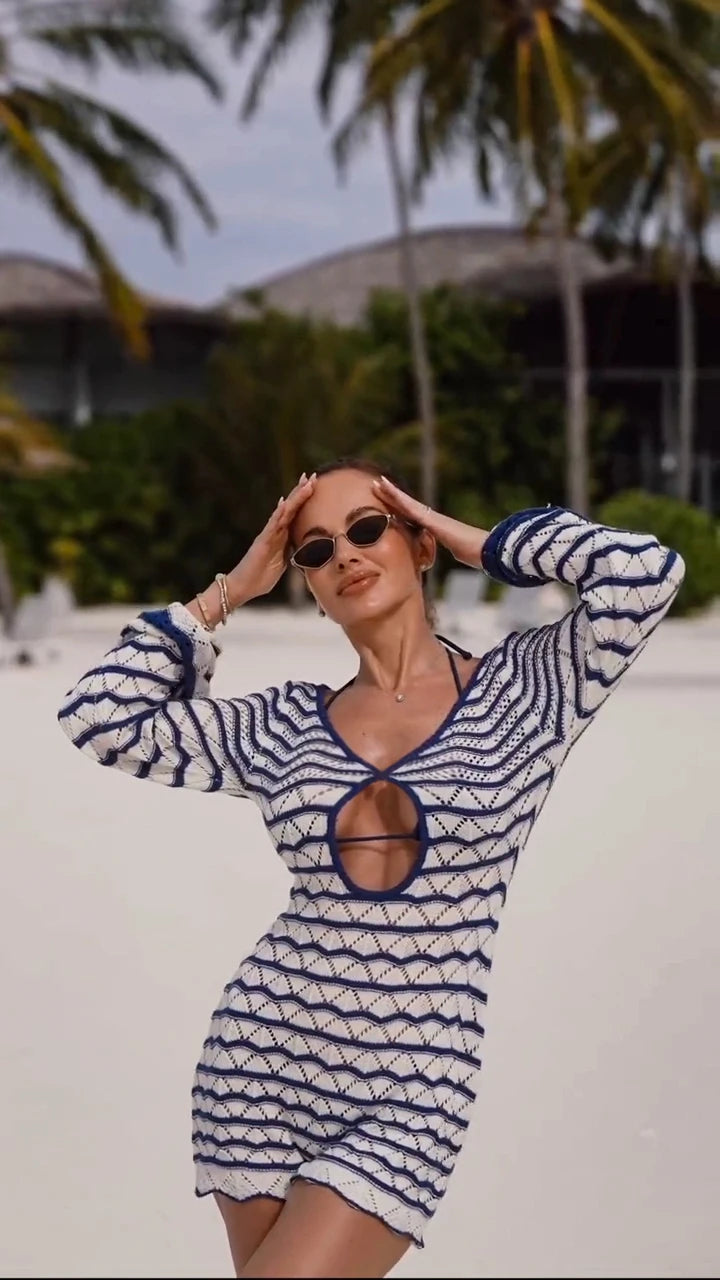 Boho Striped V-Neck Cut-Out Bell Sleeve Mini Dress – Summer Beach Cover-Up