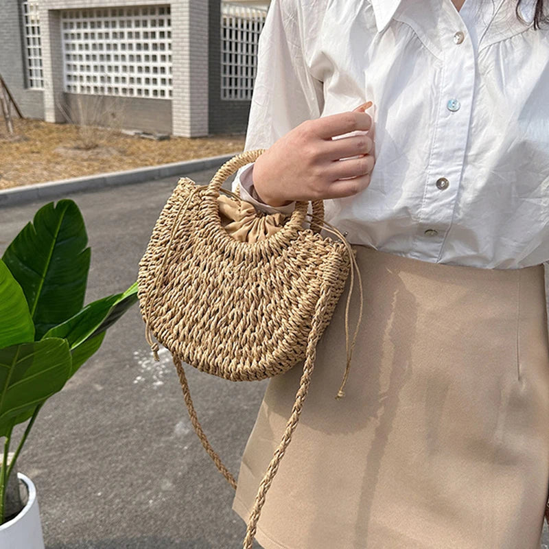 Handwoven Rattan Half-Moon Bag