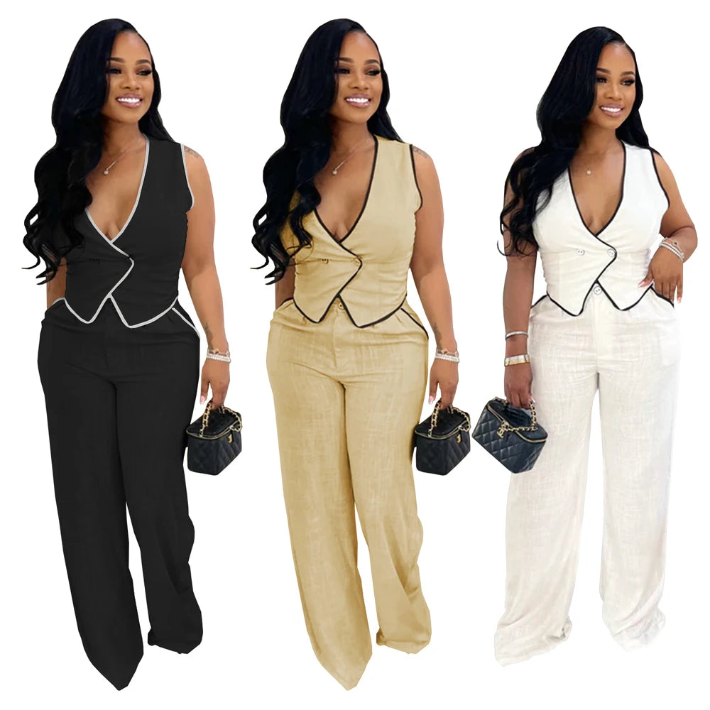 V-Neck Button Down Top & Pants Set – Casual Summer Loungewear