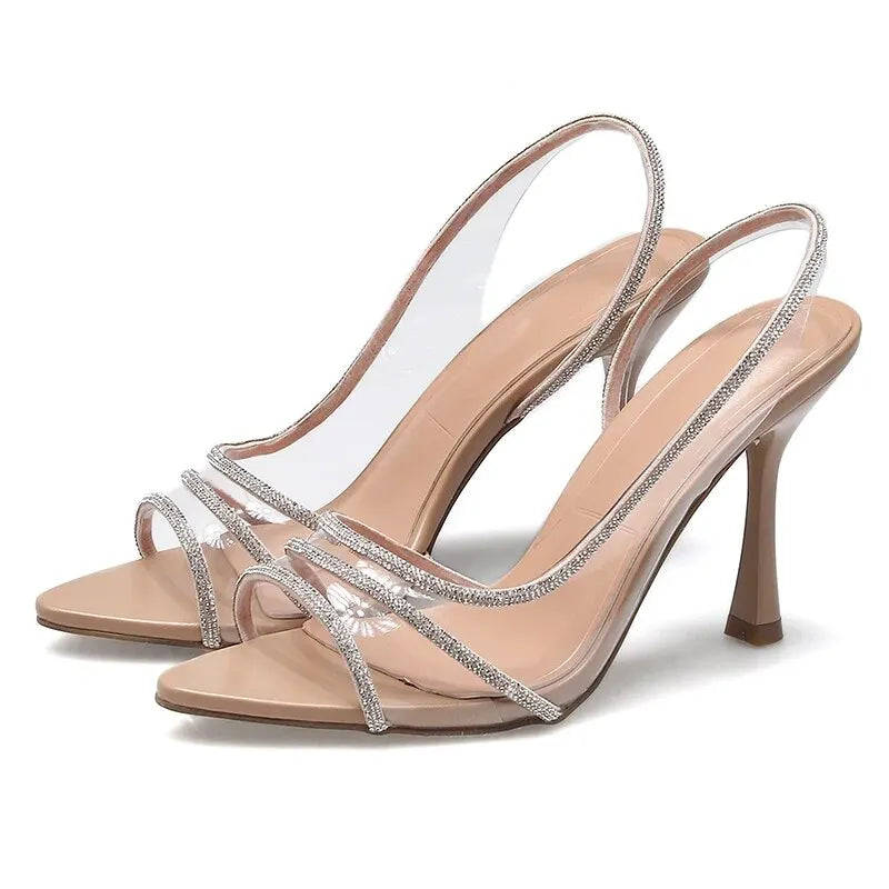 Summer Rhinestone Slingback Heeled Sandals – Transparent Pointed Toe Pumps