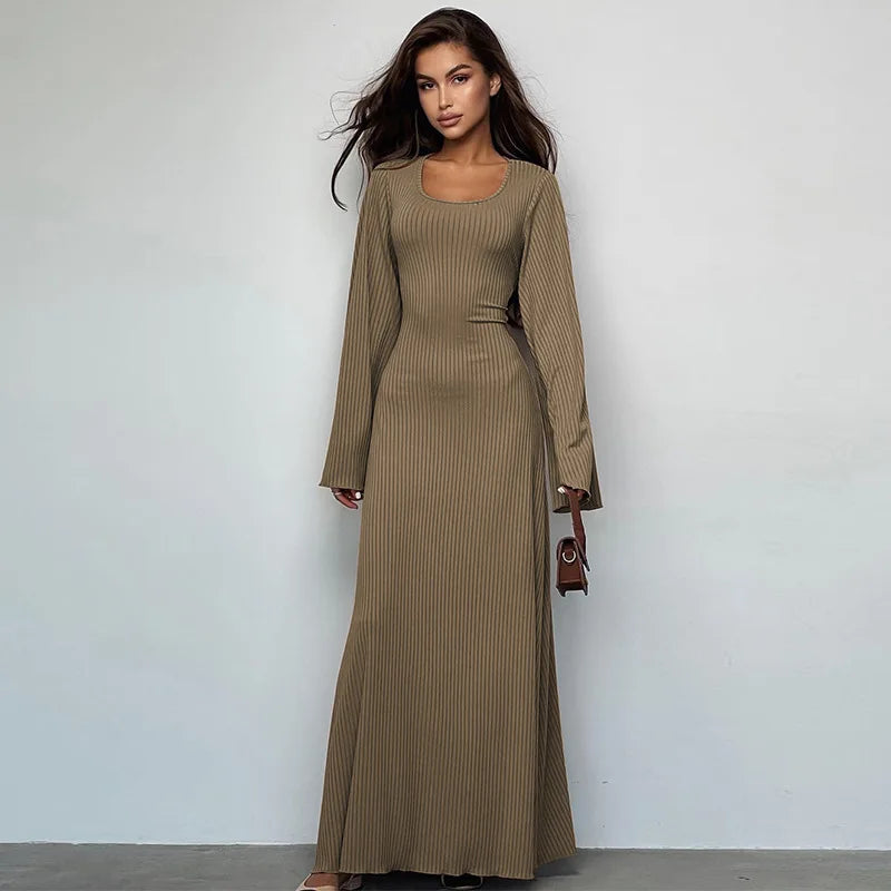 Loose U-Neck Back-Tie Long Sleeve Dress – Autumn Fashion