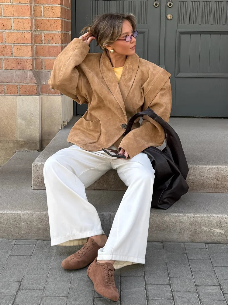 Autumn Chic Suede Blazer – Elegant One-Button Lapel Coat