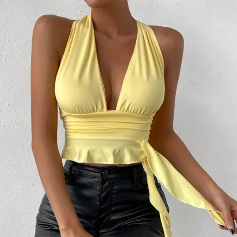 Women's Tight Fitting Deep V-Neck Pleated Top