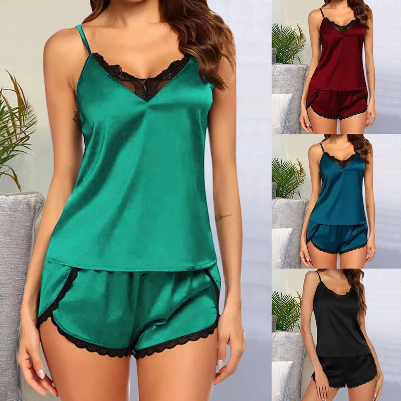 Lace Splicing Camisole & Shorts Pajama Set – 2-Piece Homewear