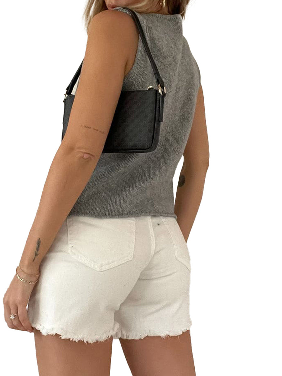 Women’s Y2K Crochet Knit Vest – Sleeveless V-Neck Open Front Crop Cardigan