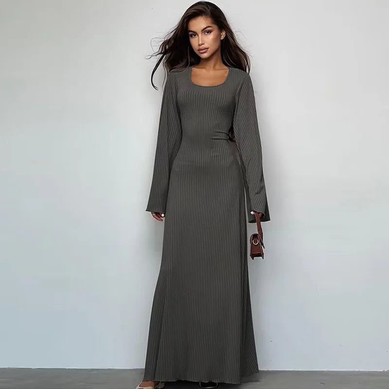 Loose U-Neck Back-Tie Long Sleeve Dress – Autumn Fashion