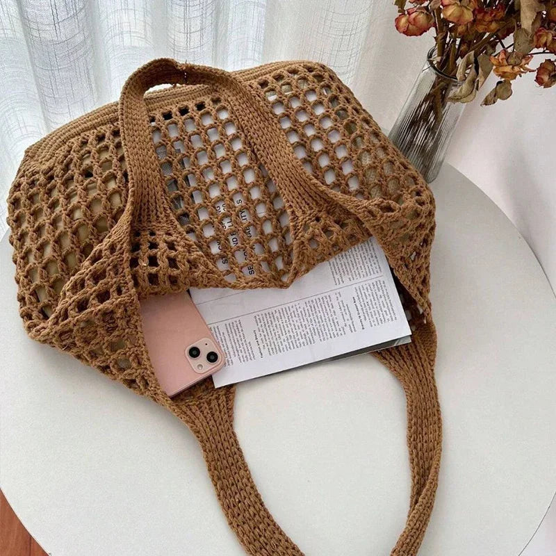 Boho Crochet Straw Tote