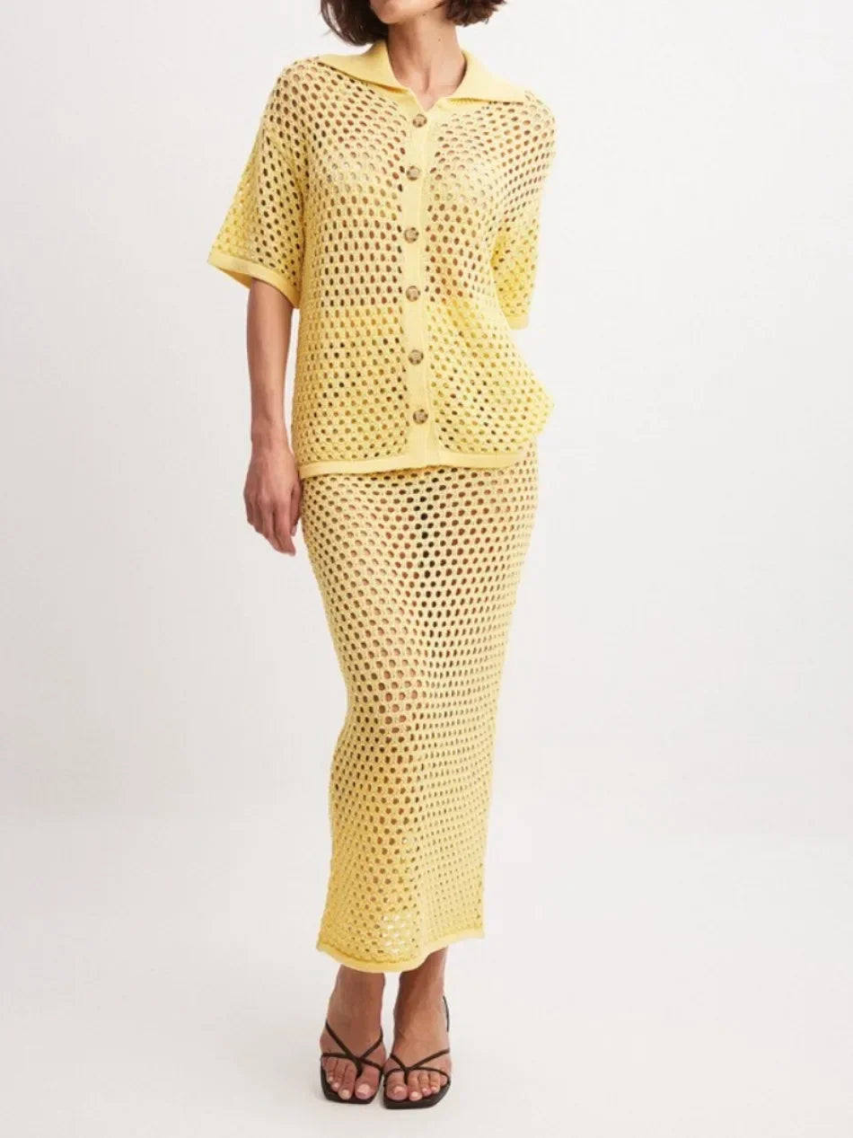 Mesh Knit Blouse & Skirt Set – Summer Beachwear Outfit