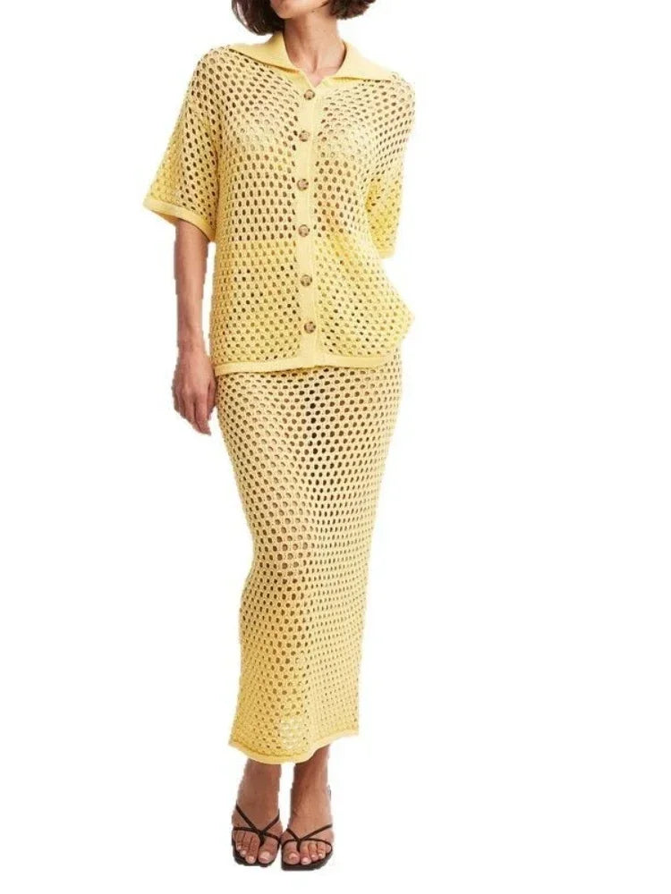 Mesh Knit Blouse & Skirt Set – Summer Beachwear Outfit