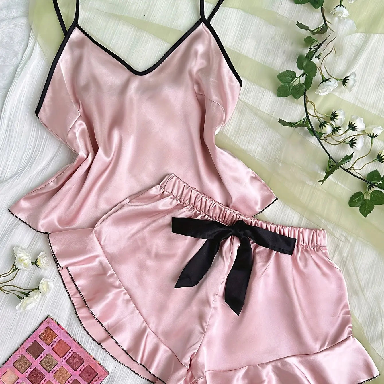 Satin V-Neck Pajama Set – Ruffled Top & Bow Shorts
