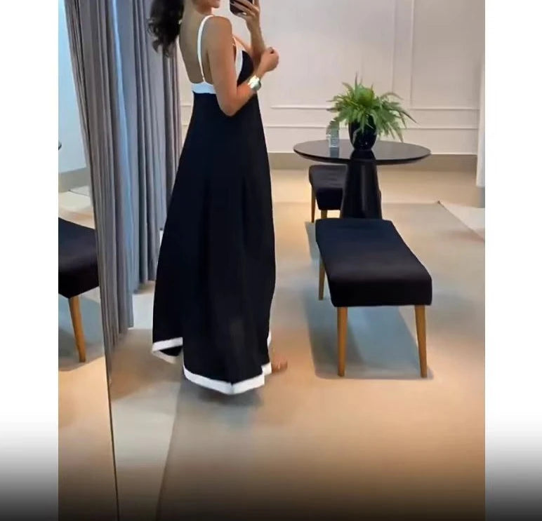 Summer V-Neck Contrast Maxi Dress – Black & White