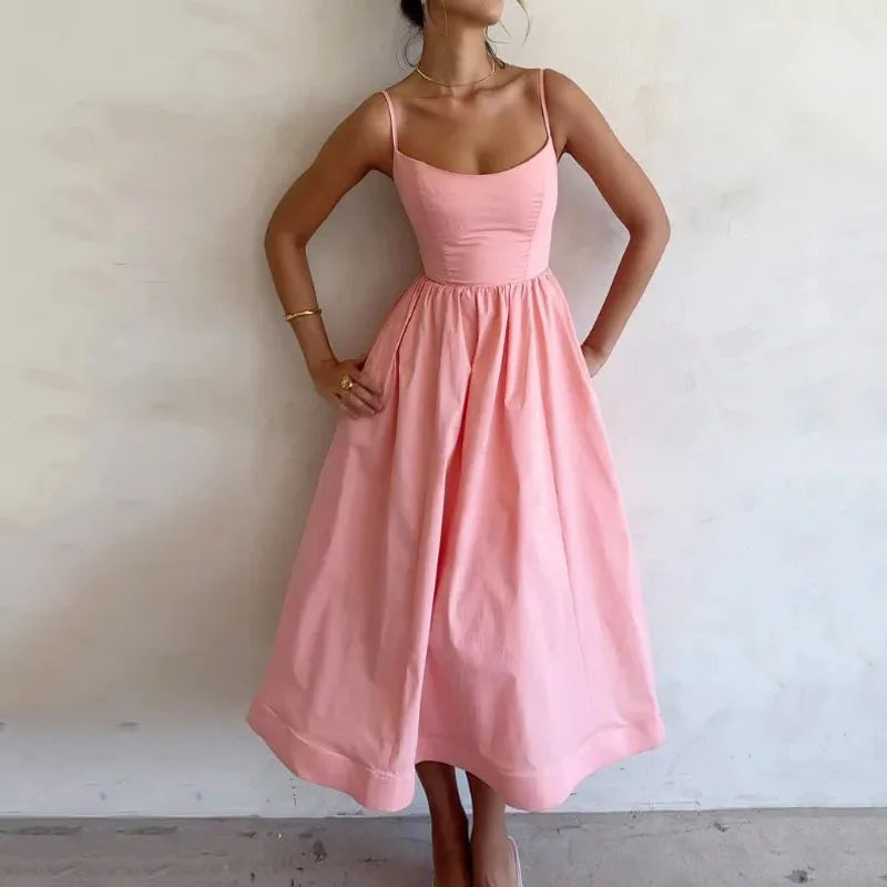 U-Neck Pleated Swing Dress – Sleeveless & Cinched Waist
